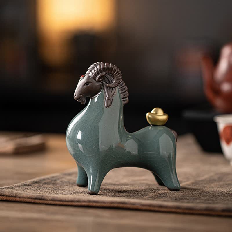 Buddha Stones Ceramiczna koza baran dobrobyt spękany szkliwo uroczy zwierzęcy wystrój - image 1