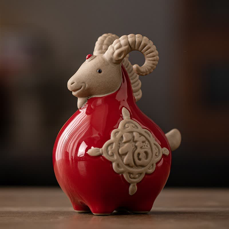 Buddha Stones Ceramiczna figurka kozy z błogosławieństwem Fu, urocze zwierzę - Czerwony - image 0