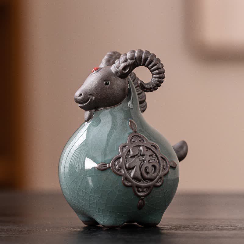 Buddha Stones Pomyślna figurka ceramiczna z zakręconym rogiem kozy, urocze zwierzęce dekoracje - Postać Fu - image 0