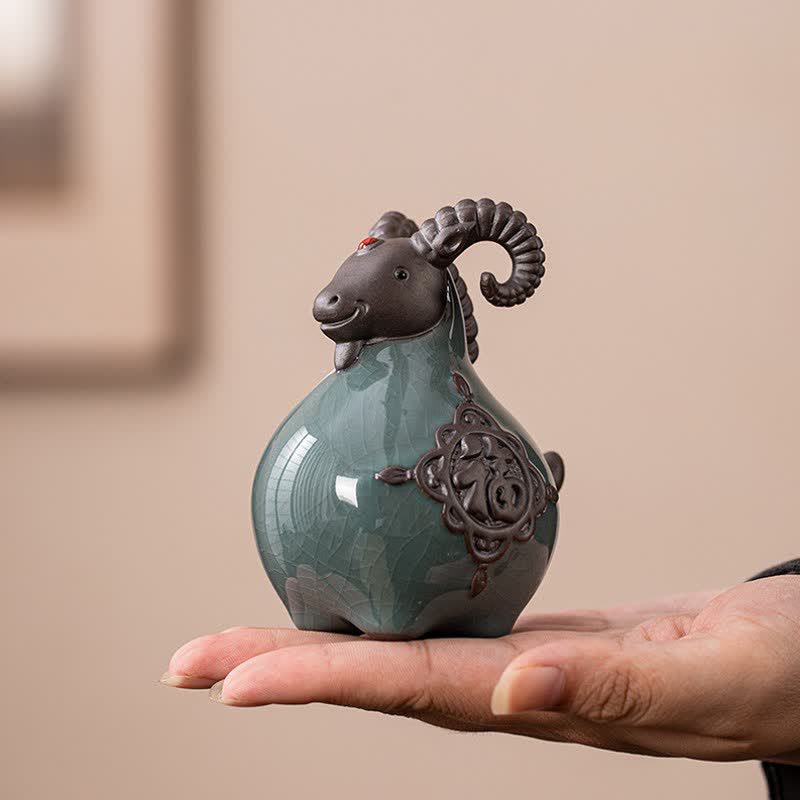 Buddha Stones Pomyślna figurka ceramiczna z zakręconym rogiem kozy, urocze zwierzęce dekoracje - image 1