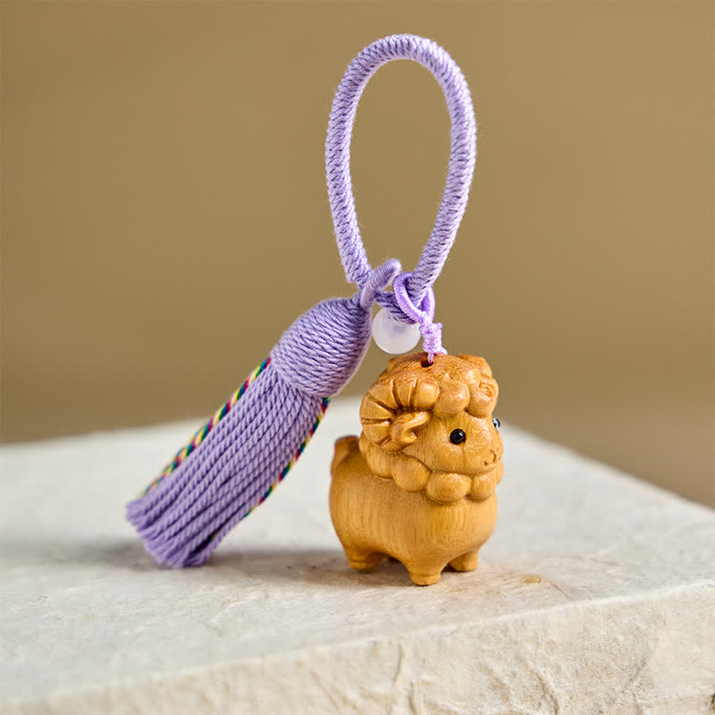 Buddha Stones Rok Kozy, ręcznie rzeźbione tęczowe breloki z eukaliptusem i sandałowcem, chiński znak zodiaku w kształcie kozy - image 1