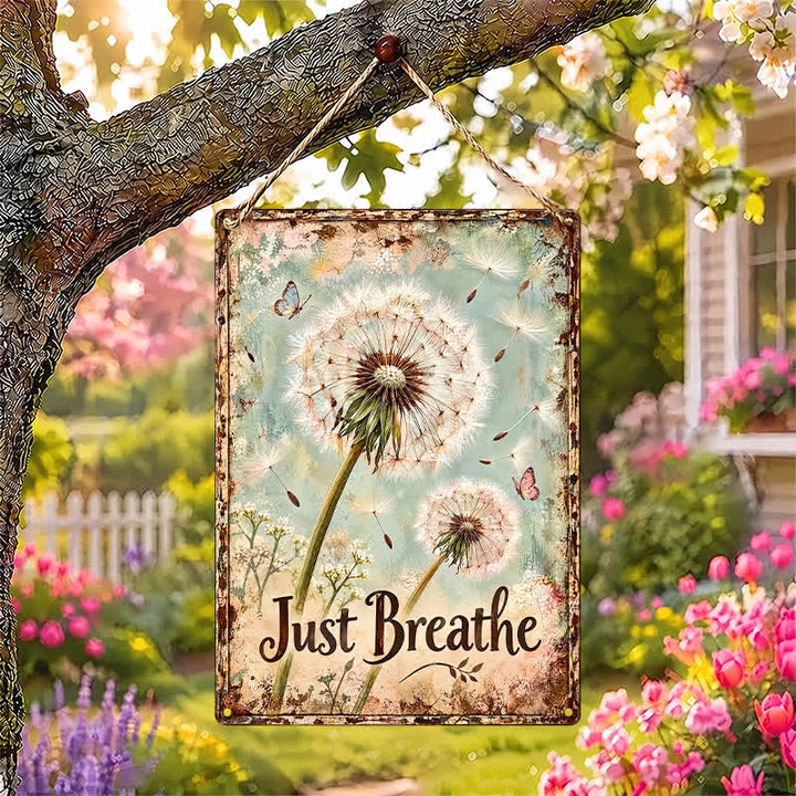 Buddha Stones "Just Breathe" - rustykalny wzór z dmuchawcem, metalowa, żelazna, znacząca sztuka ścienna - image 0