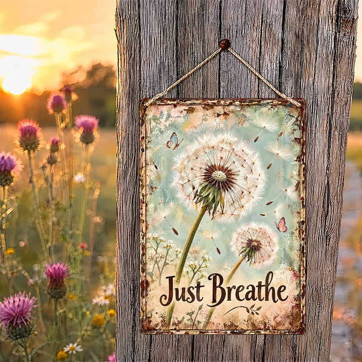 Buddha Stones "Just Breathe" - rustykalny wzór z dmuchawcem, metalowa, żelazna, znacząca sztuka ścienna - image 1