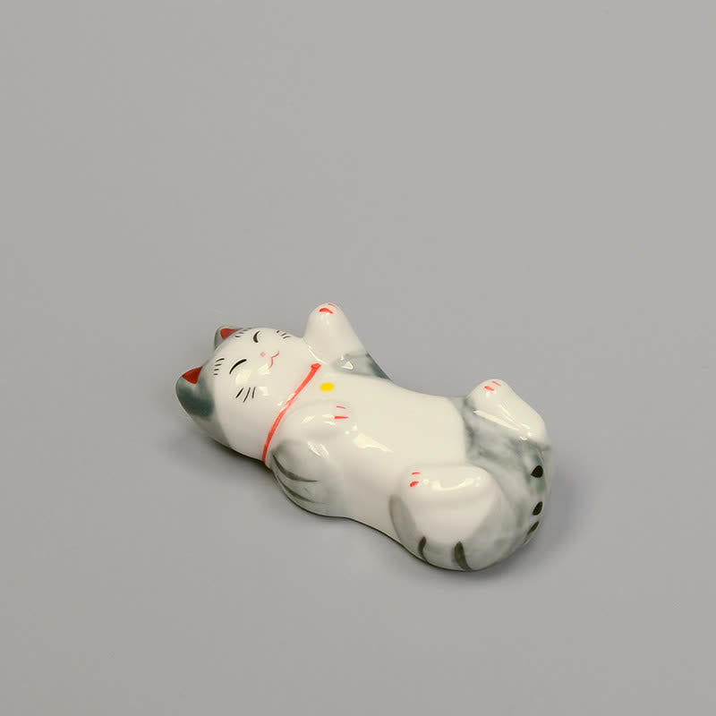Buddha Stones Błyszczący ceramiczny, odchylany stojak na pałeczki Lucky Cat - Szary (ok. 6,5 cm × 3 cm × 2 cm) - image 1
