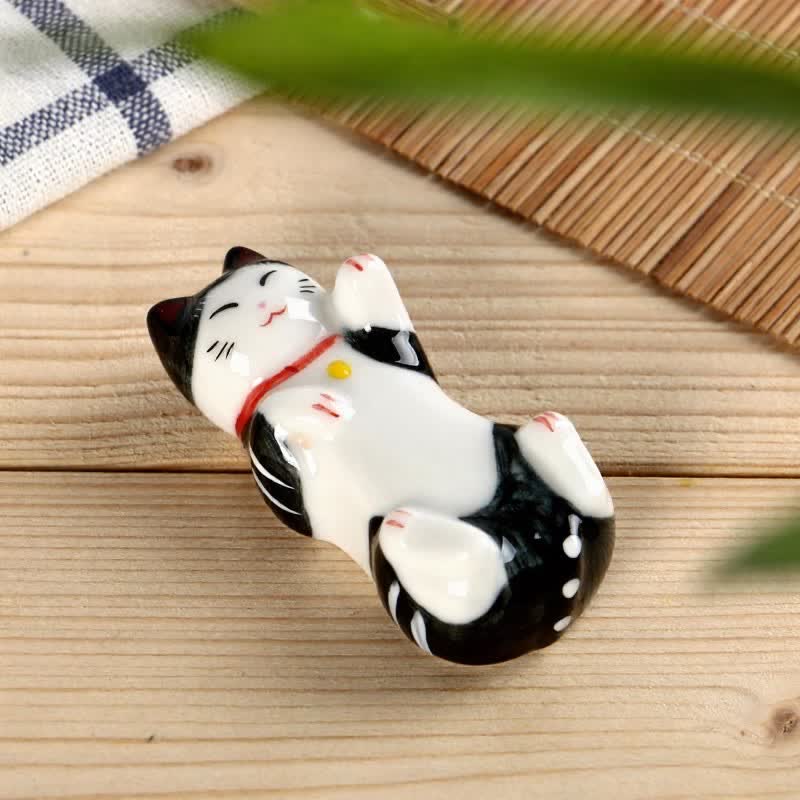 Buddha Stones Błyszczący ceramiczny, odchylany stojak na pałeczki Lucky Cat - image 4