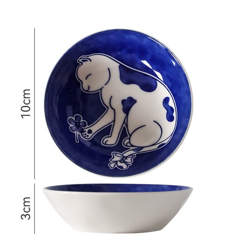 Buddha Stones Niebiesko-biała ceramiczna, zabawna, okrągła miska na sos w kształcie kota - Zbieranie kwiatów - image 1