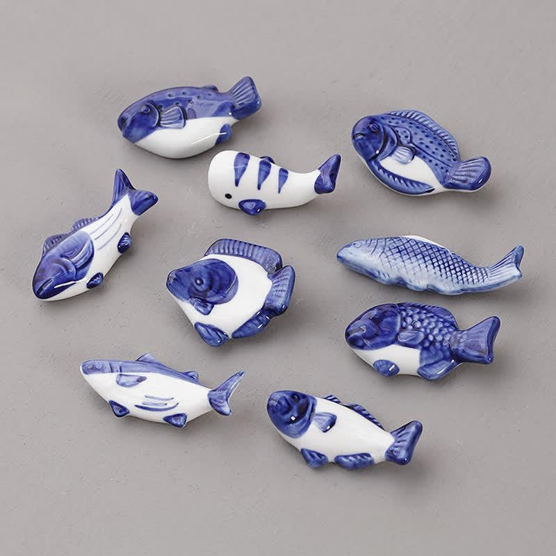 Buddha Stones Niebieski i biały zielony ceramiczny uchwyt na pałeczki do jedzenia w kształcie ryby - image 0