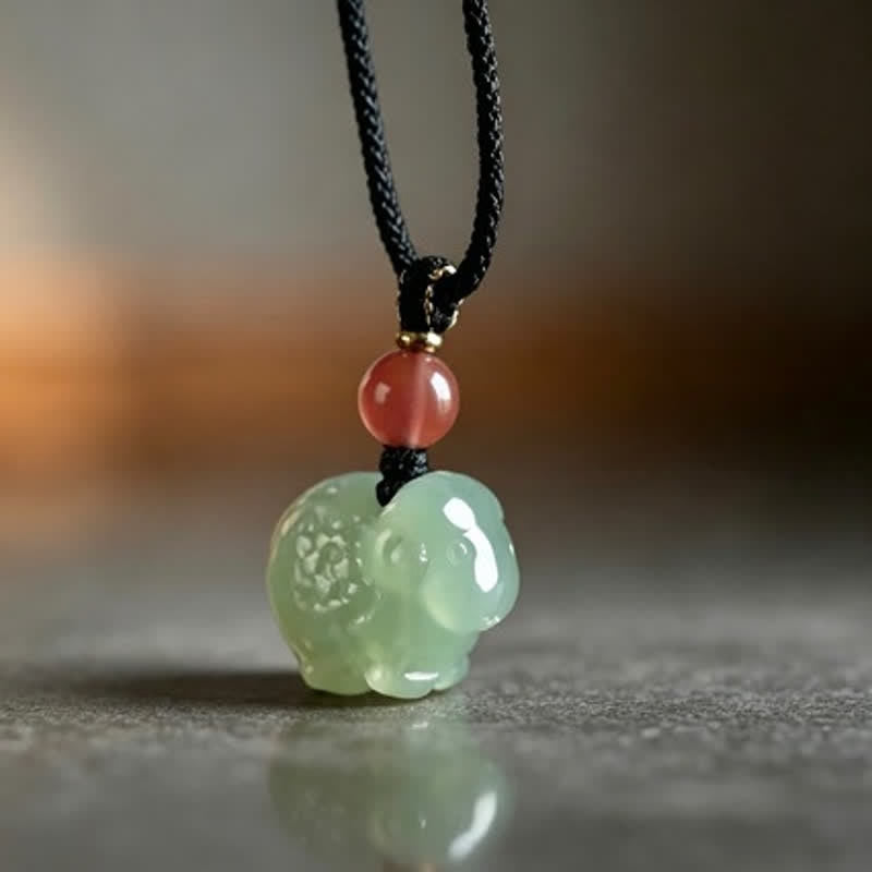 Buddha Stones Naszyjnik z plecionego sznurka z jadeitu, ręcznie rzeźbiony, chroniący owcę - Jadeit (dobrobyt ♥ obfitość) - image 0