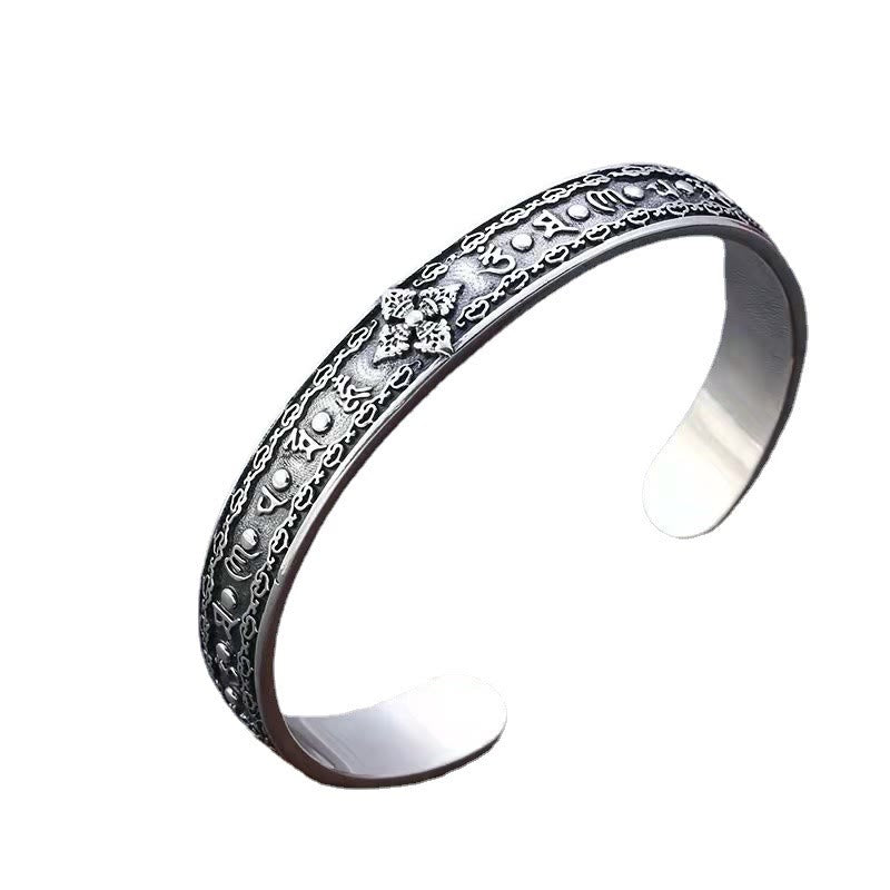 Buddha Stones 925 Srebro Sterlingowe Om Mani Padme Hum Podwójna Dorje Grawerowana Mądrość Bransoletka Mankiet Bangle