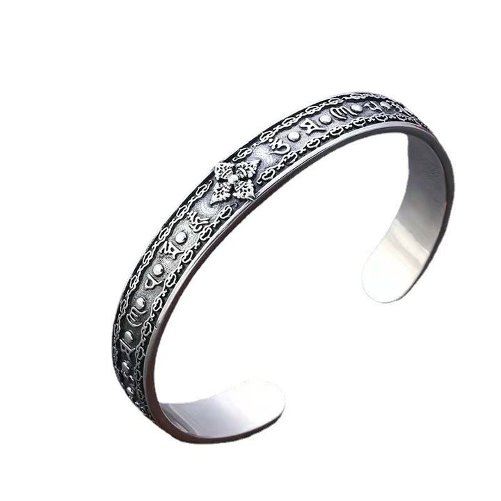 Buddha Stones 925 Srebro Sterlingowe Om Mani Padme Hum Podwójna Dorje Grawerowana Mądrość Bransoletka Mankiet Bangle