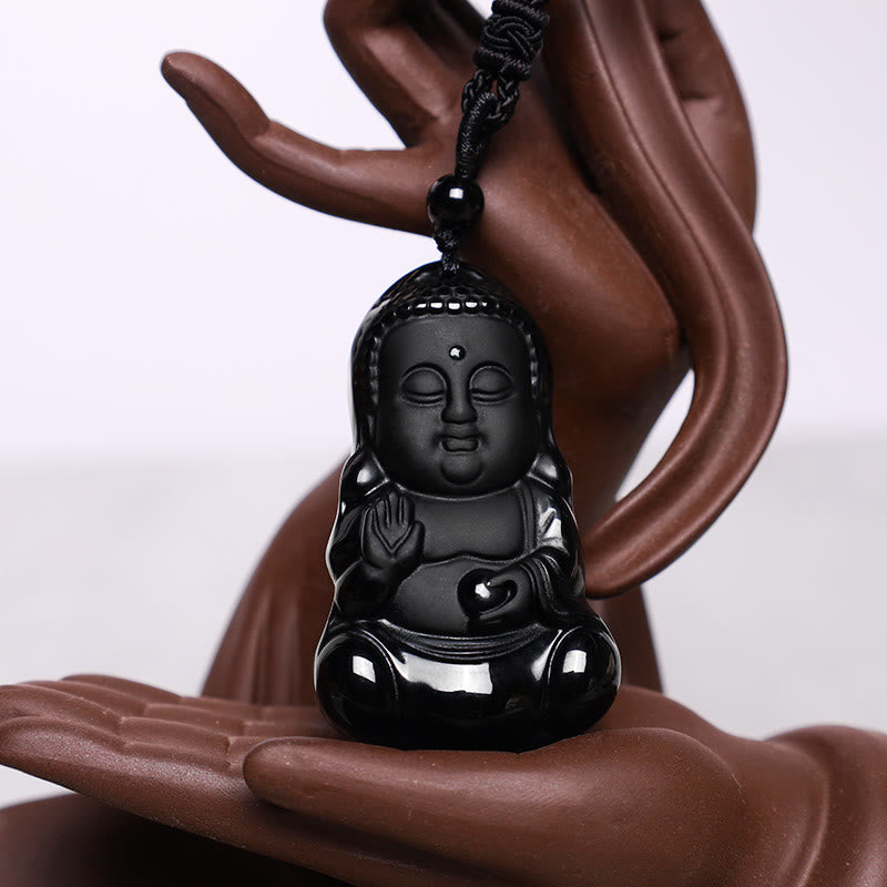 Buddha Stones Naturalny Czarny Kryształ Obsydianu Budda Siła Ochrona Amulet Szczęśliwy Talizman Wisiorek Naszyjnik - image 3