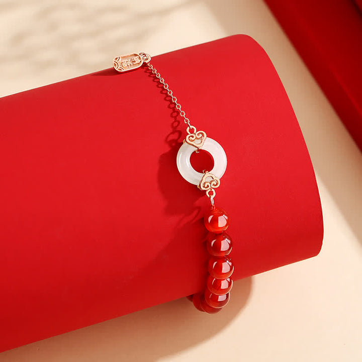 Buddha Stones 925 Sterling Silver Natural Red Agat White Jade Peace Buckle Confidence