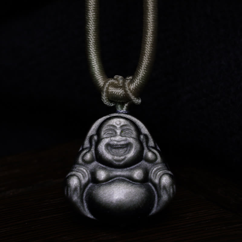 Buddha Stones Naturalny Srebrny Połysk Obsydian Śmiejący się Budda Naszyjnik Ochronny Wisiorek - image 4