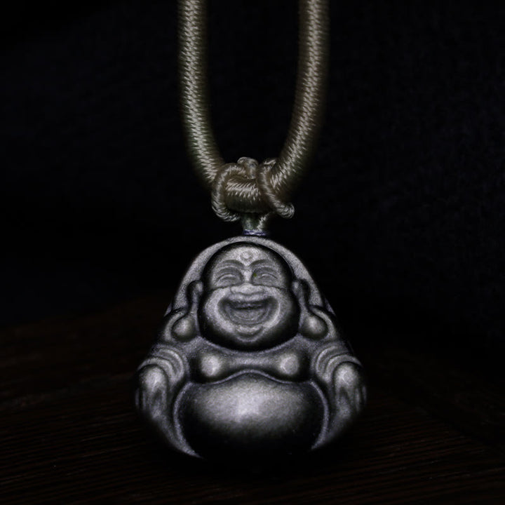 Buddha Stones Naturalny Srebrny Połysk Obsydian Śmiejący się Budda Naszyjnik Ochronny Wisiorek - image 4