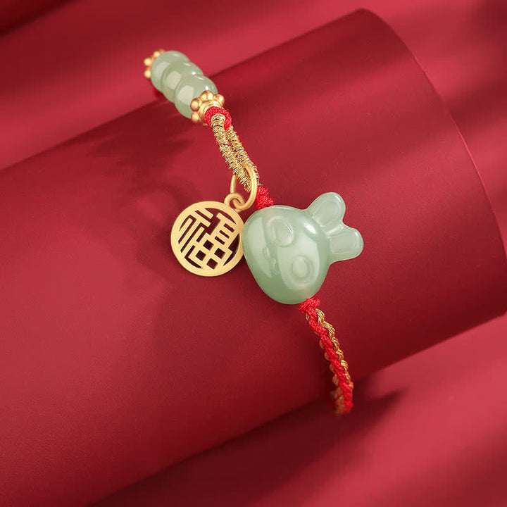 Buddha Stones 925 Srebro Sterling Rok Królika Hetian Jade Szczęście Powodzenia Bransoletka z Czerwonego Sznurka