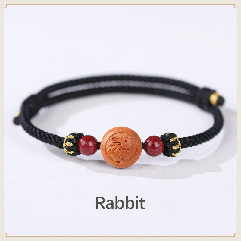 Buddha Stones Naturalne Drewno Brzoskwiniowe Chińskie Zodiak Fu Znak Rzeźbiony Cynober Bransoletka Bogactwa
