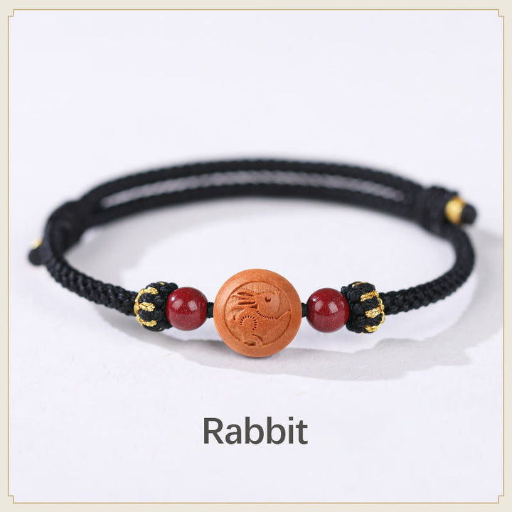 Buddha Stones Naturalne Drewno Brzoskwiniowe Chińskie Zodiak Fu Znak Rzeźbiony Cynober Bransoletka Bogactwa