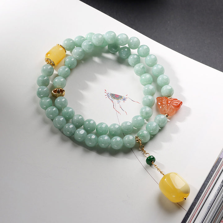 Buddha Stones 925 Srebro Sterling Naturalny Jadeit Bursztyn Motyl Bransoletka Szczęście Obfitość