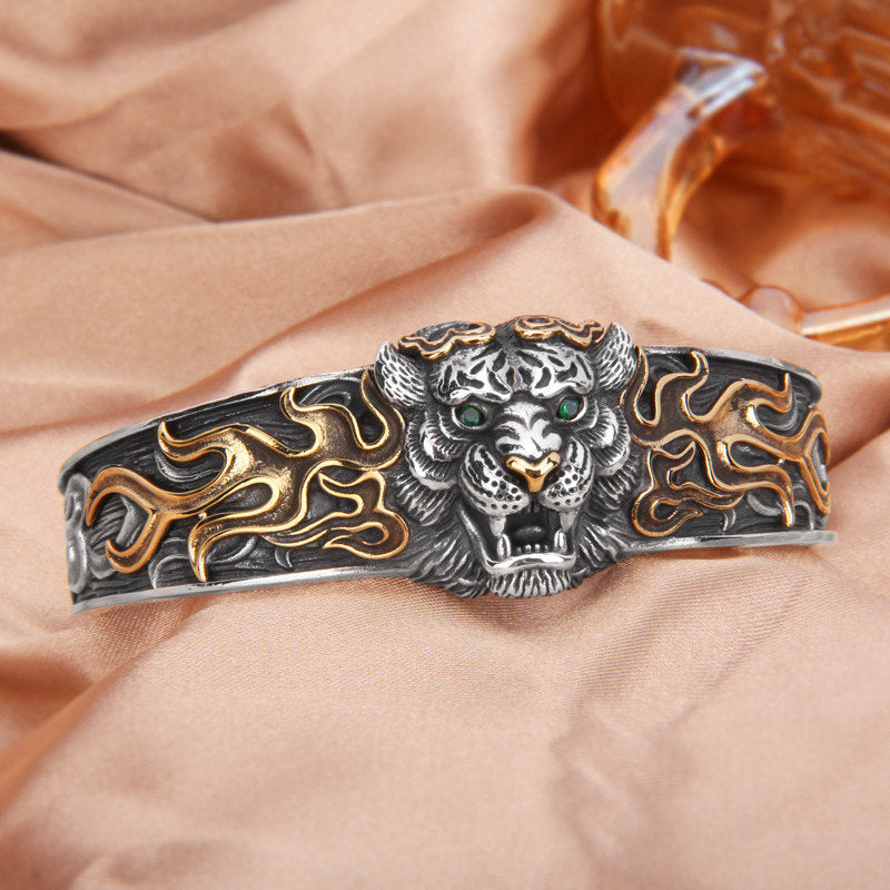 Buddha Stones 925 Srebro Sterlingowe Chiński Zodiak Tygrys Trzymający Z dala Złe Duchy Bransoletka Bangle