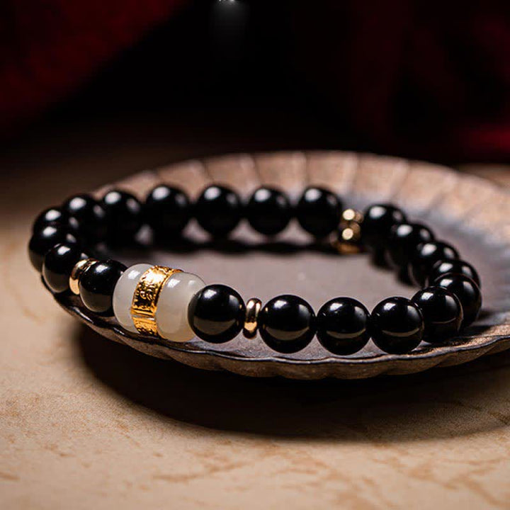 Buddha Stones Czarny Obsydian Jade Om Mani Padme Hum Siła Para Magnetyczna Bransoletka