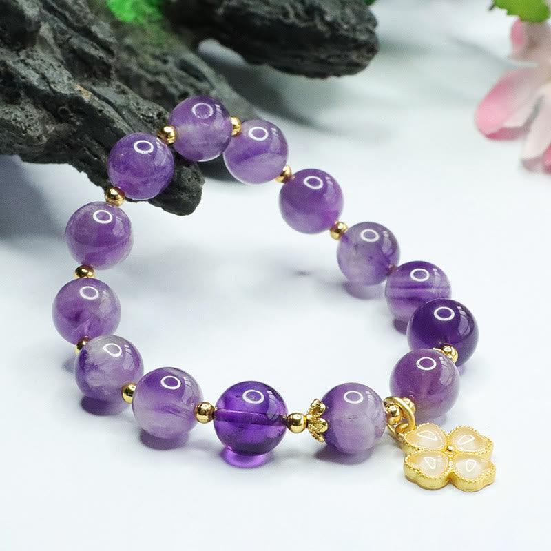 Bransoletka z Buddha Stones z naturalnego ametystu i wewnętrznego spokoju w kształcie czterolistnej koniczyny