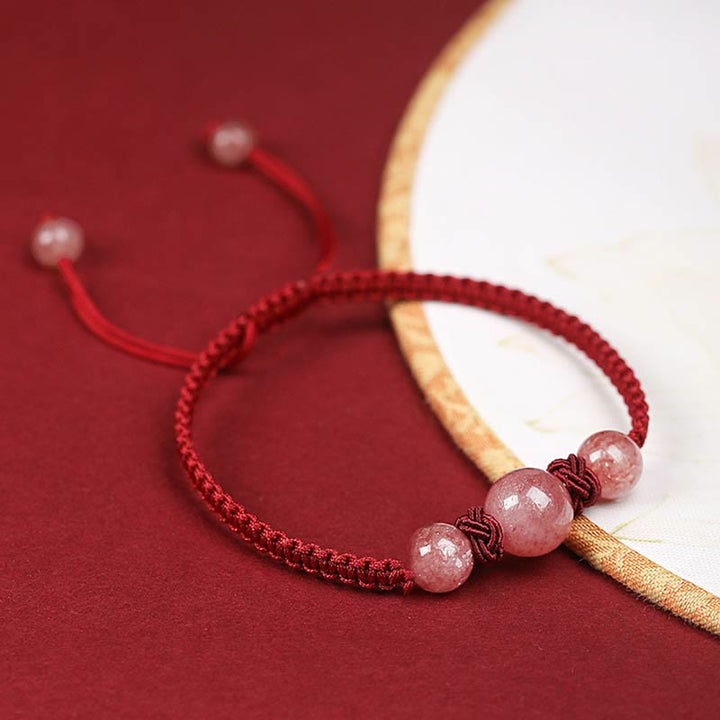 Buddha Stones Naturalny Kryształ Kwarcowy Truskawkowy Miłość Czerwona Bransoletka Tkana Sznurkiem Anklet