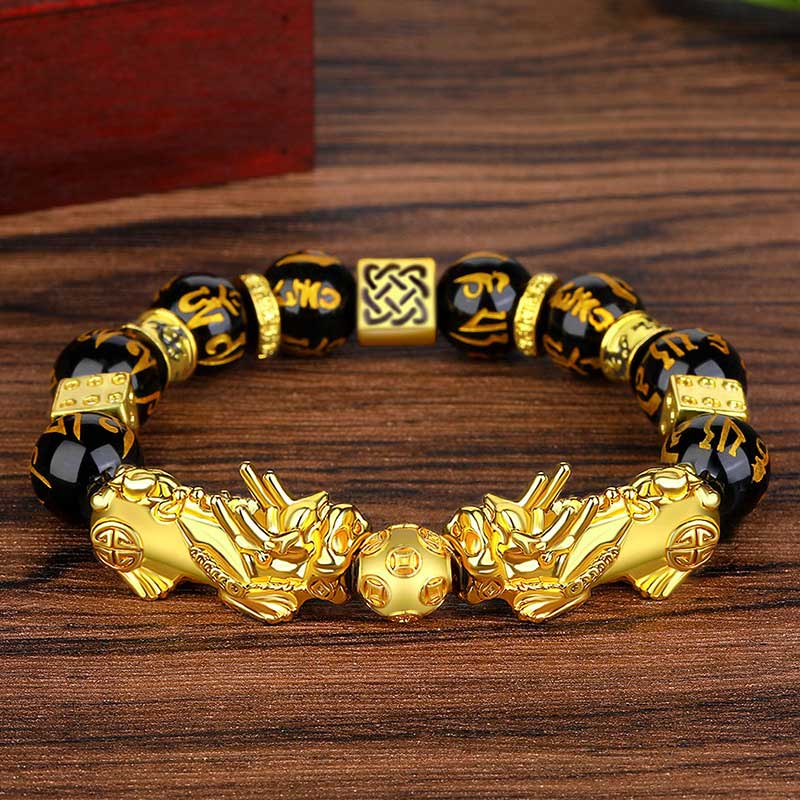 Buddha Stones FengShui Podwójny PiXiu Obsydian Om Mani Padme Hum Bransoletka Bogactwa
