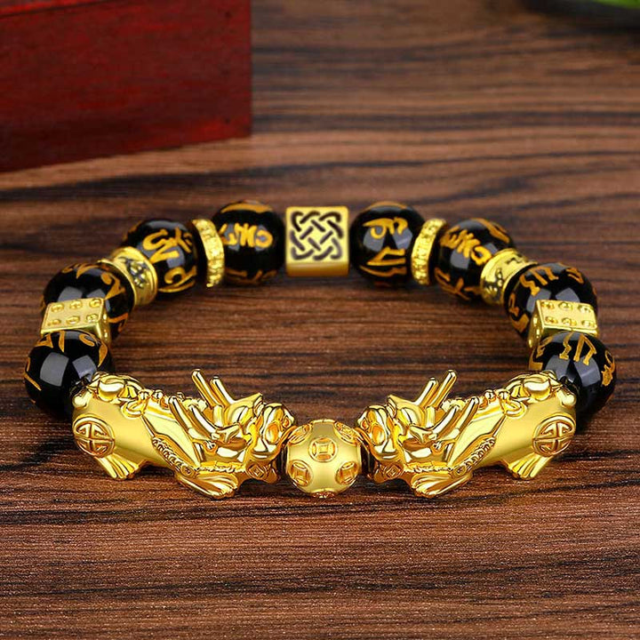 Buddha Stones FengShui Podwójny PiXiu Obsydian Om Mani Padme Hum Bransoletka Bogactwa