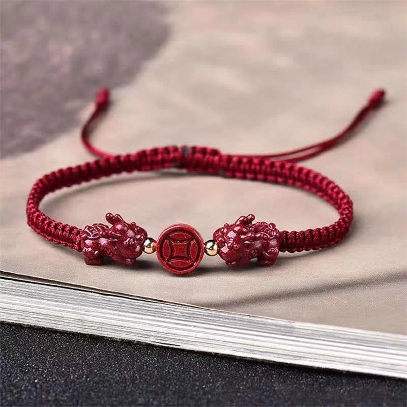Buddha Stones Cynober PiXiu Błogosławieństwo Miedziana Moneta Pokój Klamra Bransoletka z Czerwonego Sznurka