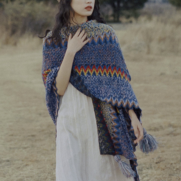 Buddha Stones Tybetański Szal Miękki Ciepły Robiony Na Drutach Płaszcz Zimowy Tybetański Szal Z Frędzlami - image 14