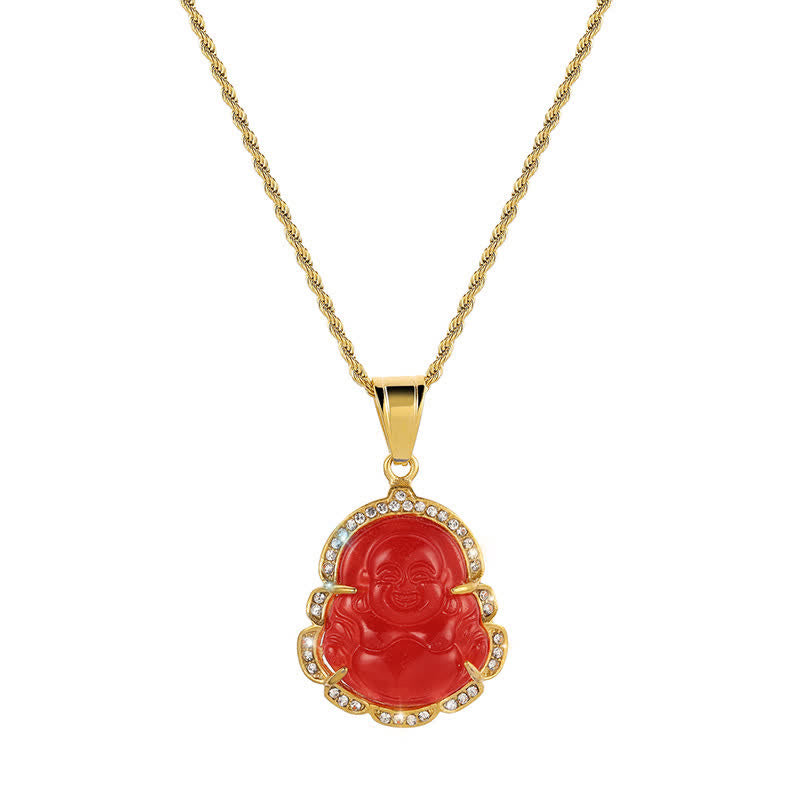 Buddha Stones 18K wypełnione złotem Śmiejący się Budda Jadeitowy naszyjnik szczęścia łańcuszek wisiorek - Czerwony - image 11