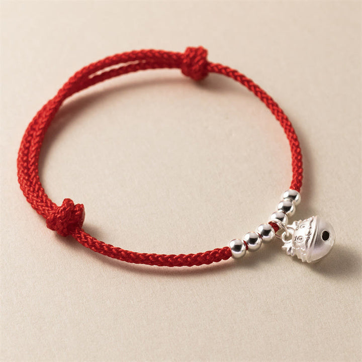 Buddha Stones Rok Smoka 925 Srebro Sterling Ręcznie Rzeźbiony Smok Sukces Pleciona Czerwona Bransoletka