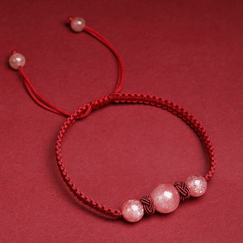 Buddha Stones Naturalny Kryształ Kwarcowy Truskawkowy Miłość Czerwona Bransoletka Tkana Sznurkiem Anklet