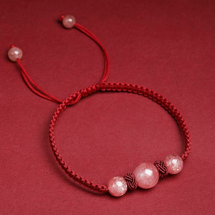 Buddha Stones Naturalny Kryształ Kwarcowy Truskawkowy Miłość Czerwona Bransoletka Tkana Sznurkiem Anklet