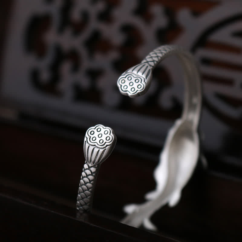 Buddha Stones 990 Srebro Sterling Ryba Koi Lotos Szczęście Bogactwo Bransoletka Bangle