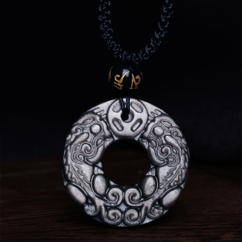 Buddha Stones Naturalny Srebrny Połysk Obsydian Podwójny PiXiu Miedziana Moneta Pokój Klamra Ochrona Naszyjnik Wisiorek - image 6