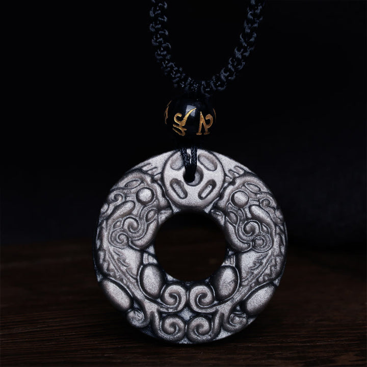 Buddha Stones Naturalny Srebrny Połysk Obsydian Podwójny PiXiu Miedziana Moneta Pokój Klamra Ochrona Naszyjnik Wisiorek - image 6