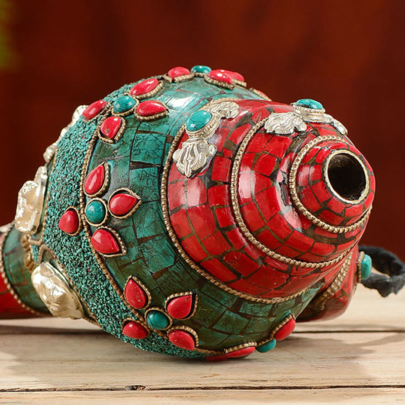 Tybetańska, ręcznie robiona Shankha Om Mani Padme Hum Budda Avalokitesvara turkusowa muszla pozytywna dekoracja - image 4