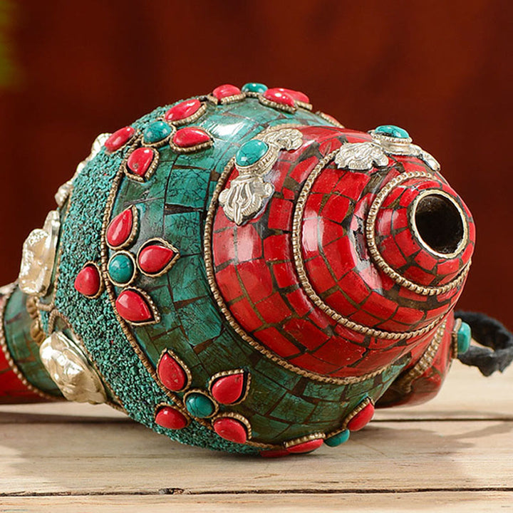 Tybetańska, ręcznie robiona Shankha Om Mani Padme Hum Budda Avalokitesvara turkusowa muszla pozytywna dekoracja - image 4