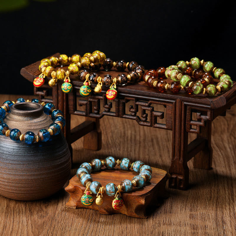 Buddha Stones Złota Połykająca Bestia Rodzina Charm Liuli Szklane Koraliki Bransoletka Fortuna - image 1