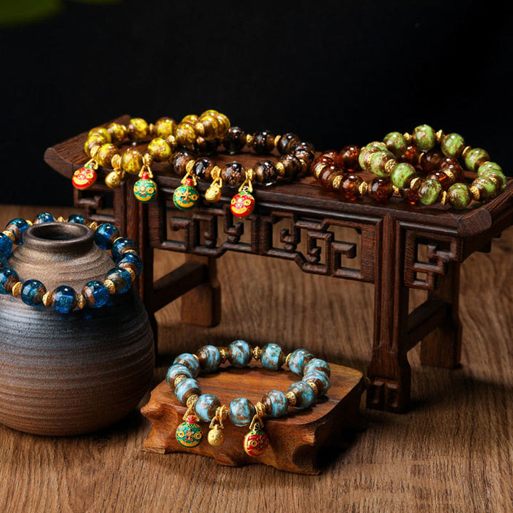 Buddha Stones Złota Połykająca Bestia Rodzina Charm Liuli Szklane Koraliki Bransoletka Fortuna - image 1