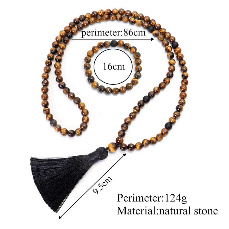 Buddha Stones 108 Koralików Mala Tygrysie Oko Ochrona Bransoletka z Chwostem