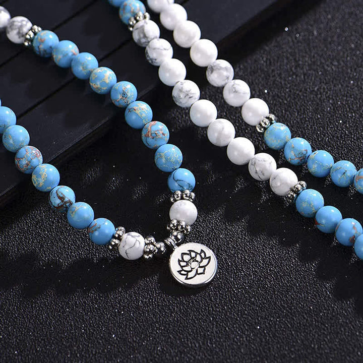 Buddha Stones 108 koralików mala Bransoletka z białym turkusowym kamieniem cesarskim i błogosławieństwem lotosu
