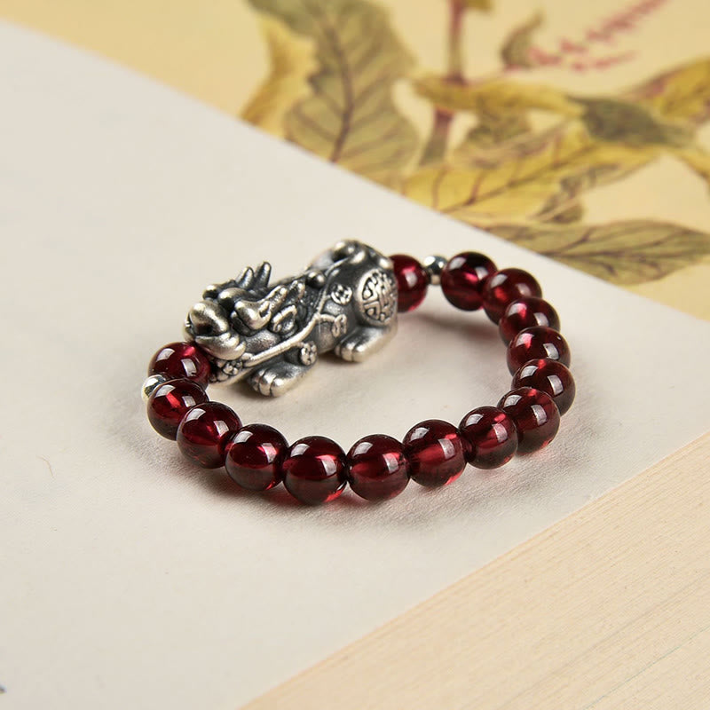 Buddha Stones 925 Srebro Sterling Naturalny Granat Kamień Księżycowy Czerwony Agat Pierścień PiXiu Wealth
