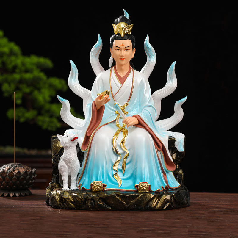 Buddha Stones Dziewięcioogoniasty Lis Wróżka Szczęście Ochrona Żywica Dekoracja Domu - Niebieski samiec lisa dziewięcioogonowego - image 1