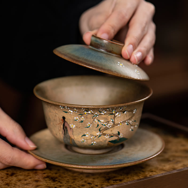 Buddha Stones Jingdezhen Malowana ręcznie porcelana Ru Kiln Hanfu Dziewczyna Kwiat Ceramiczny Gaiwan Sancai Filiżanka Kung Fu Filiżanka I Spodek Z Pokrywką