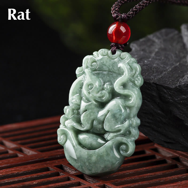 Buddha Stones Naturalny Jadeit 12 Chiński Zodiak Naszyjnik Wisiorek Dobrobytu - Szczur - image 6