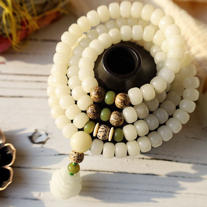 Buddha Stones Biały Jadeit Bodhi Lotus Mala Harmony Naszyjnik Bransoletka