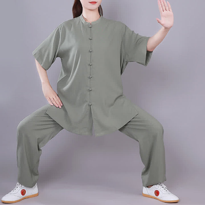 Buddha Stones Tai Chi Qigong Medytacja Modlitwa Duchowa Praktyka Zen Unisex Bawełniany Lniany Zestaw Ubrań - Zielony - Krótki rękaw - US14, UK/AU18, EU46 (3XL)  - image 17