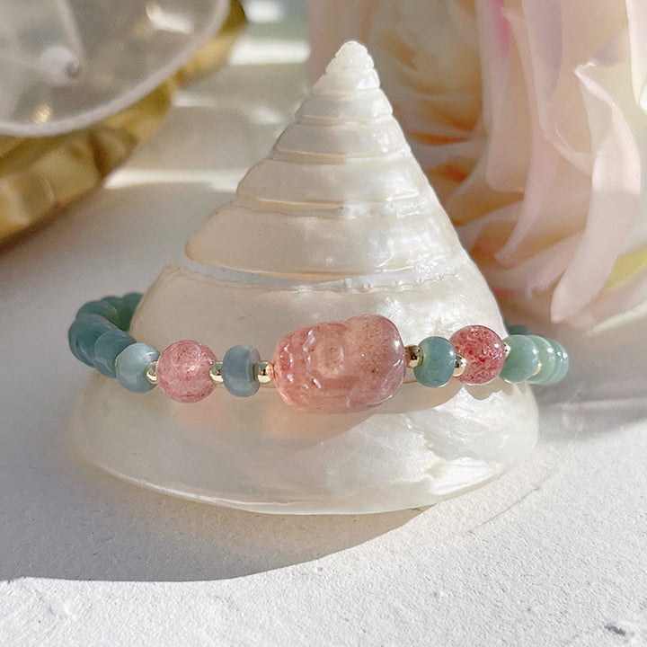 Buddha Stones Naturalne Hetian Jade Pearl Peace Buckle Fu Character Gourd Money Bag Truskawkowy Kwarc Bransoletka PiXiu Luck
